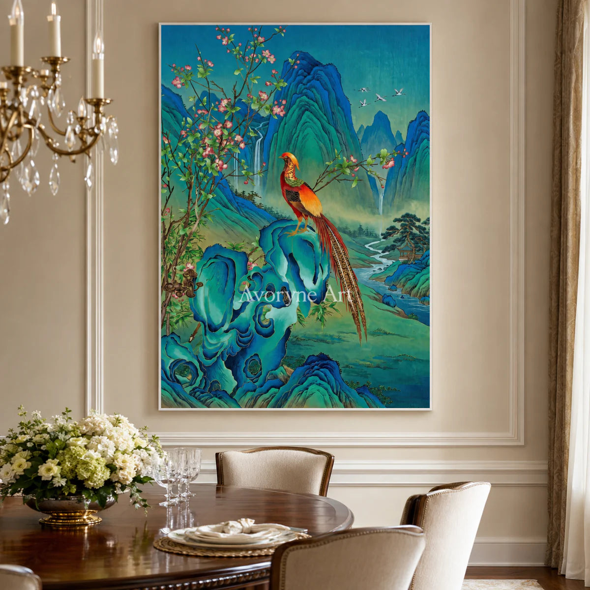 Azure Sanctuary: Vertical Bird and Mountain Wall Art — dining room white frame