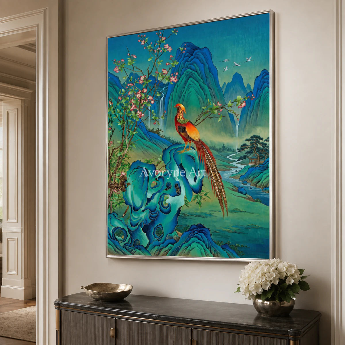 Azure Sanctuary: Vertical Bird and Mountain Wall Art — entryway silver frame oblique