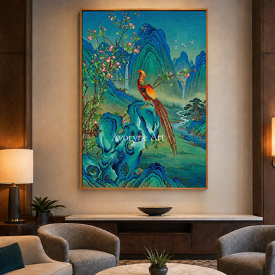 Azure Sanctuary: Vertical Bird and Mountain Wall Art — hotel wood frame