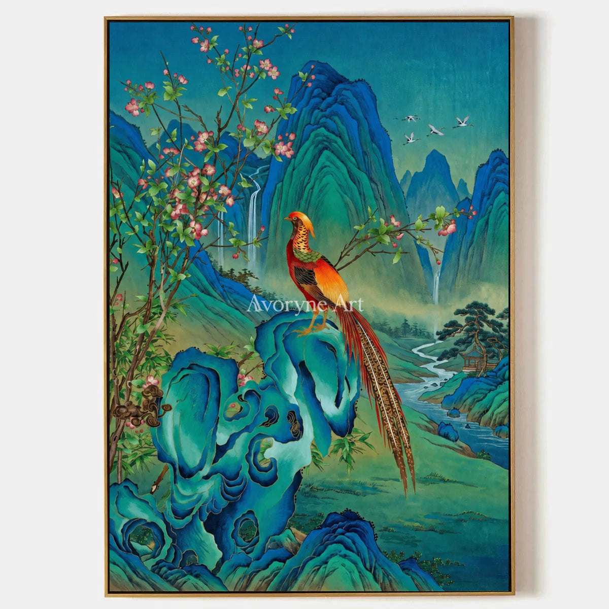 Azure Sanctuary: Vertical Bird and Mountain Wall Art — primary
