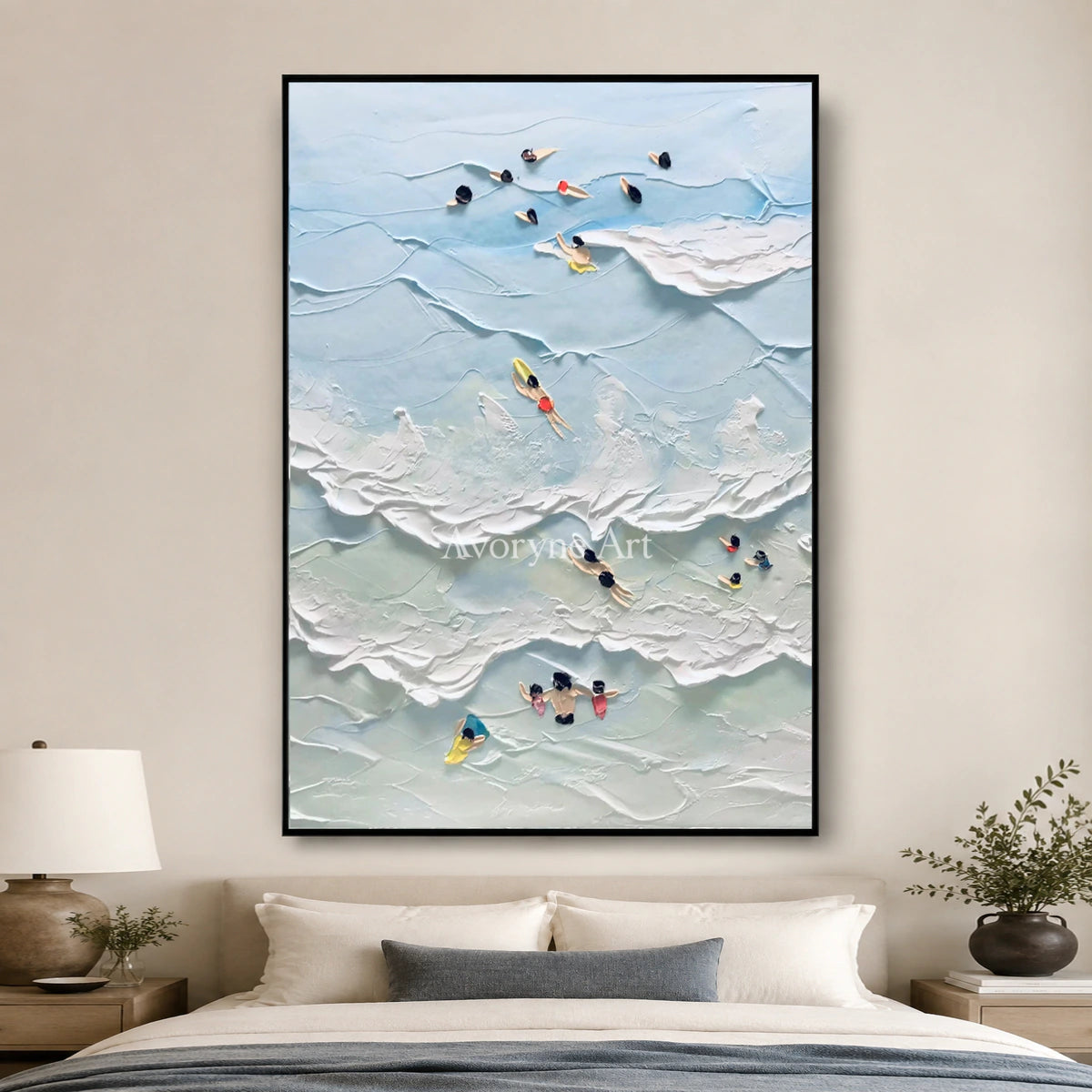 Bluewater Drift: Vertical Blue Surf and Swimmer Wall Art — bedroom black