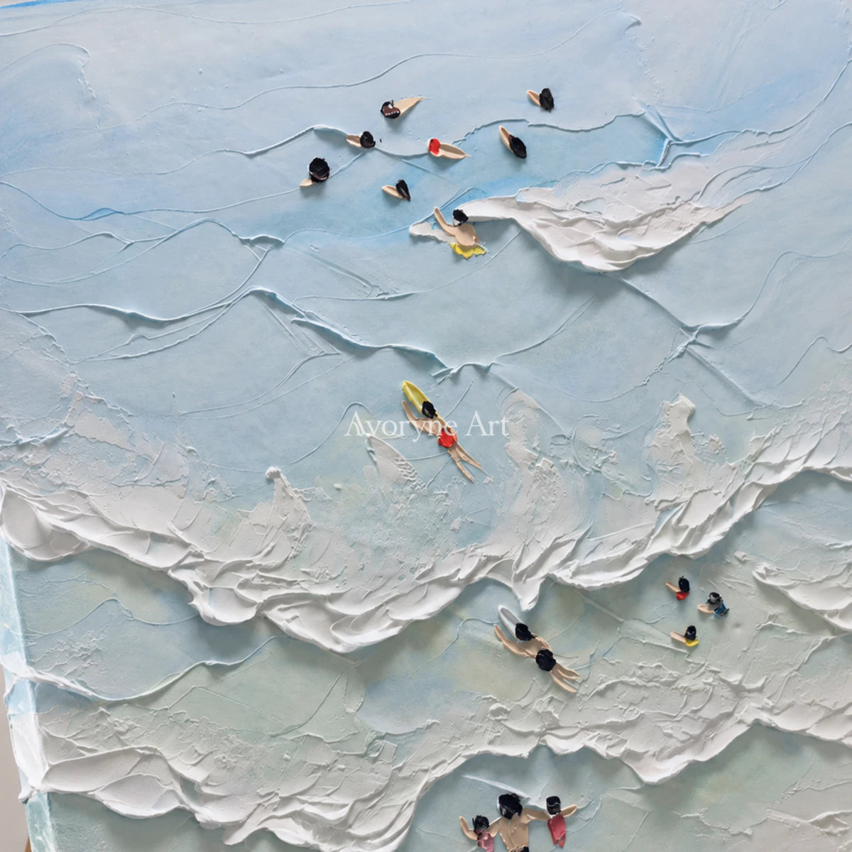 Bluewater Drift: Vertical Blue Surf and Swimmer Wall Art — detail easel
