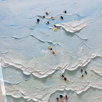 Bluewater Drift: Vertical Blue Surf and Swimmer Wall Art — detail easel