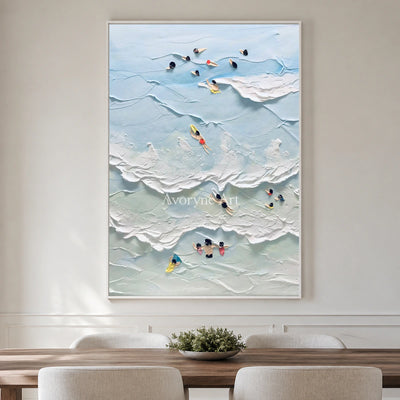 Bluewater Drift: Vertical Blue Surf and Swimmer Wall Art — dining white