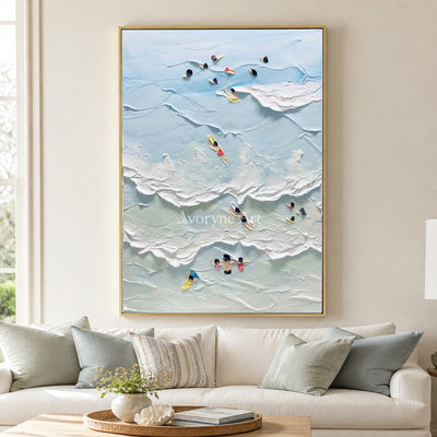 Bluewater Drift: Vertical Blue Surf and Swimmer Wall Art — living gold