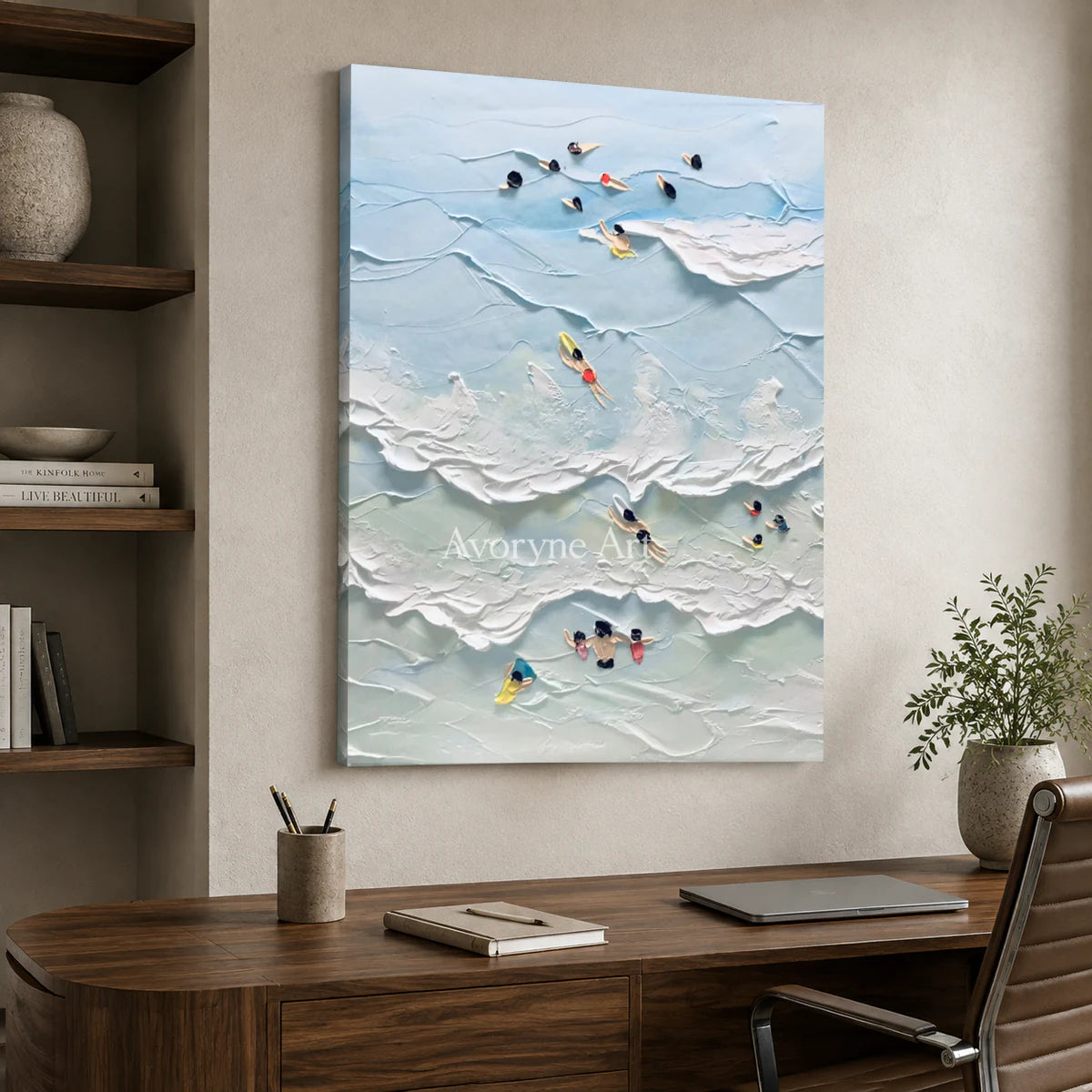 Bluewater Drift: Vertical Blue Surf and Swimmer Wall Art — office frameless