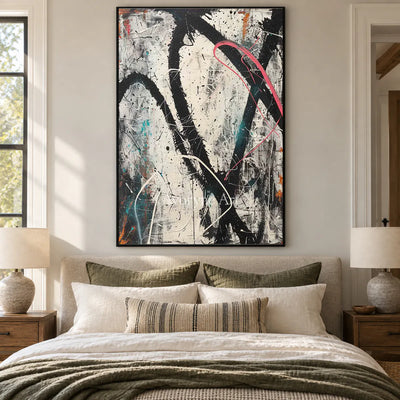 A Red Detour: Vertical White and Black Drip Abstract Wall Art — bedroom black