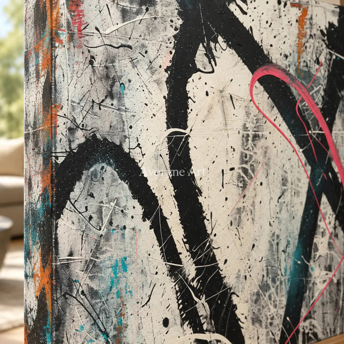 A Red Detour: Vertical White and Black Drip Abstract Wall Art — detail easel
