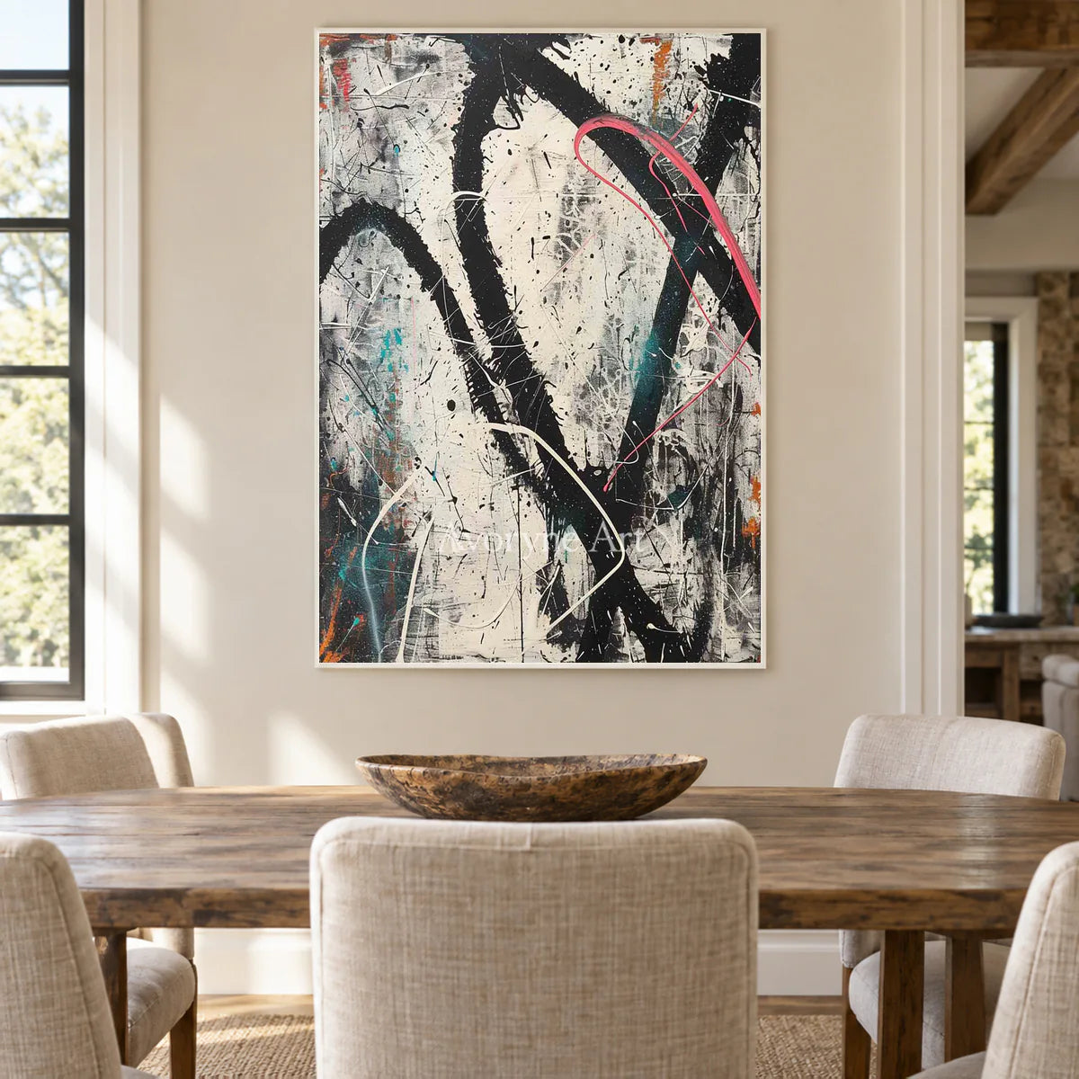 A Red Detour: Vertical White and Black Drip Abstract Wall Art — dining white