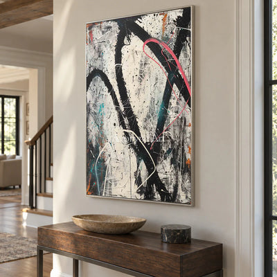 A Red Detour: Vertical White and Black Drip Abstract Wall Art — entry silver
