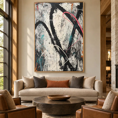 A Red Detour: Vertical White and Black Drip Abstract Wall Art — hotel wood