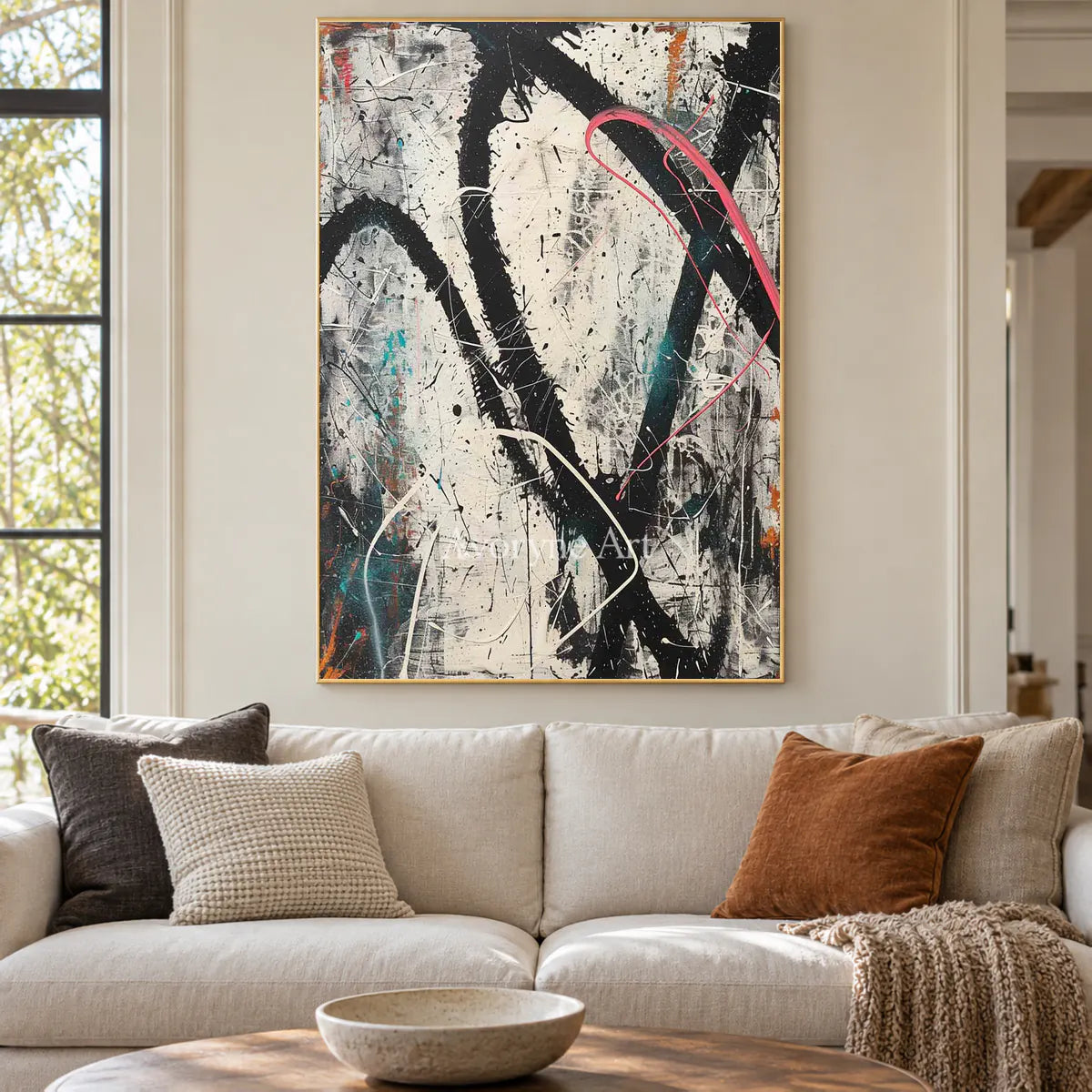 A Red Detour: Vertical White and Black Drip Abstract Wall Art — living gold