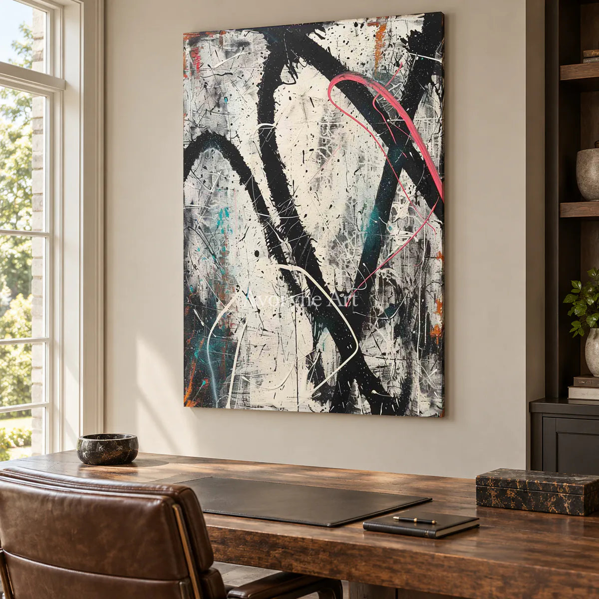 A Red Detour: Vertical White and Black Drip Abstract Wall Art — office frameless