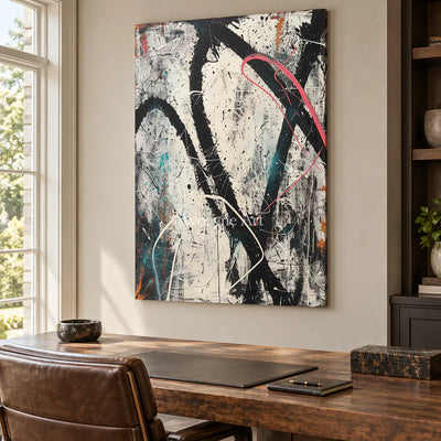 A Red Detour: Vertical White and Black Drip Abstract Wall Art — office frameless