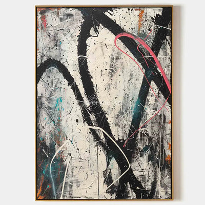 A Red Detour: Vertical White and Black Drip Abstract Wall Art — primary