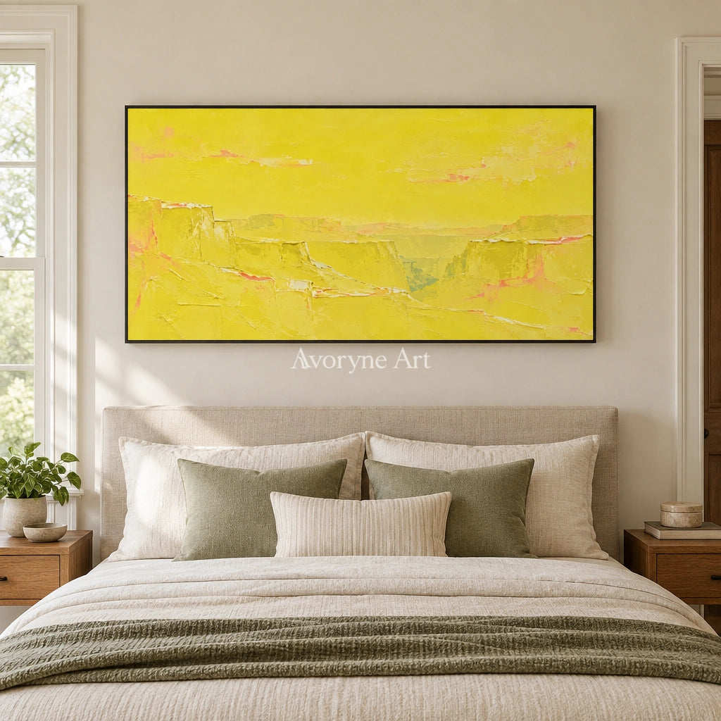 Tender Echo vivid landscape wall art with a black frame above a bed in a bedroom