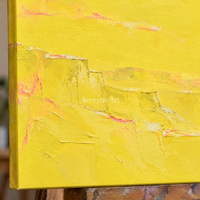 Close-up of the hand-painted texture of Tender Echo vivid landscape wall art on an easel