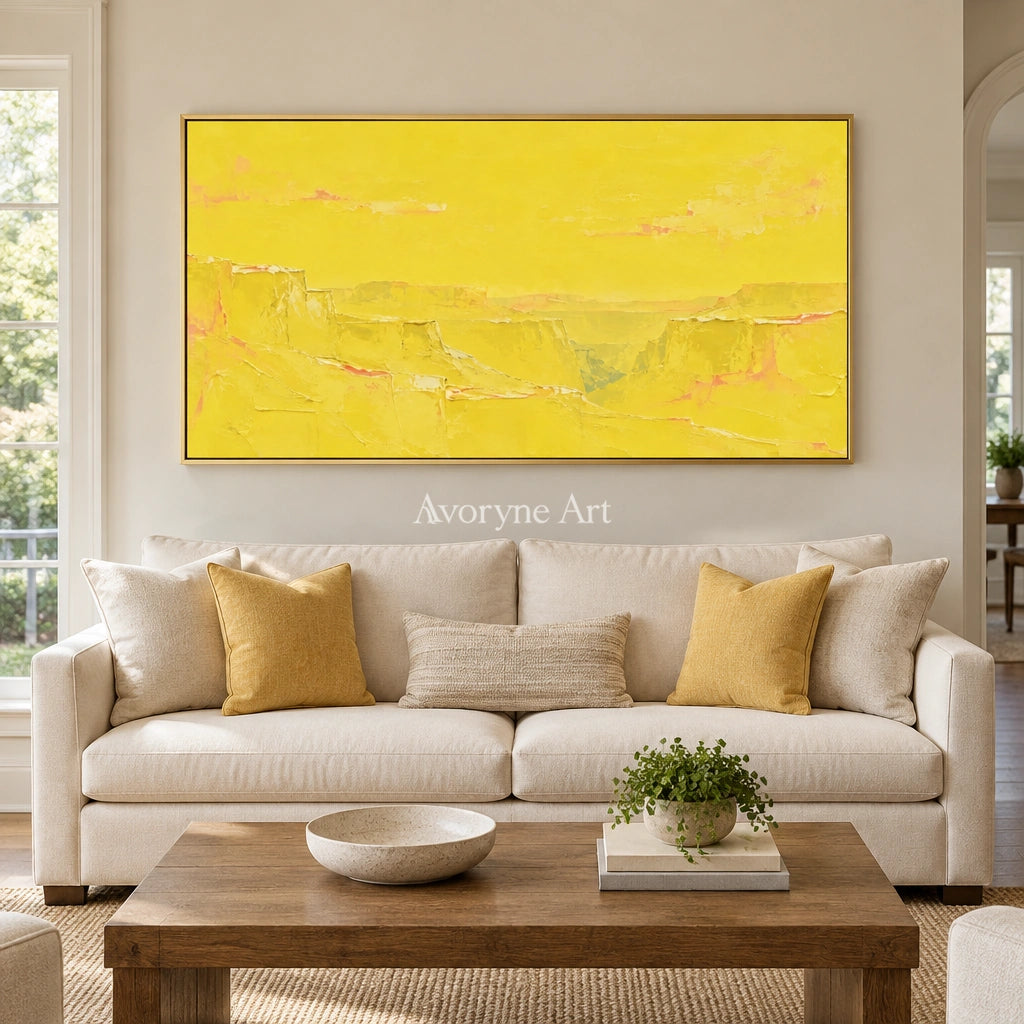 Tender Echo vivid landscape wall art with a gold frame hanging in a living room