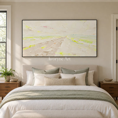 Tender Trace vivid landscape wall art with a black frame above a bed in a bedroom