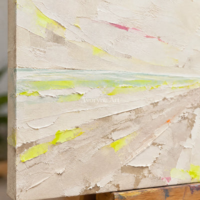 Close-up of the hand-painted texture of Tender Trace vivid landscape wall art on an easel