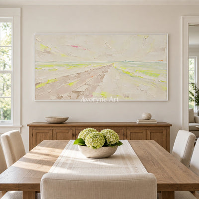 Tender Trace vivid landscape wall art with a white frame in a dining room