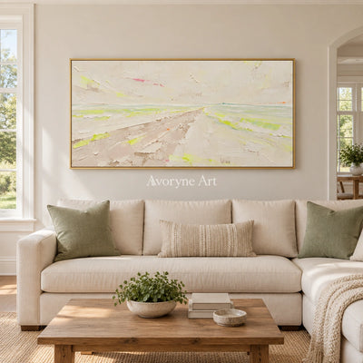 Tender Trace vivid landscape wall art with a gold frame hanging in a living room