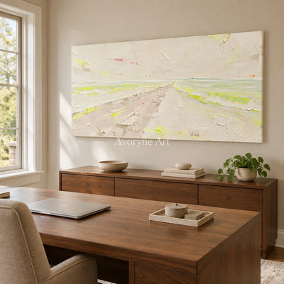 Tender Trace vivid landscape wall art as a frameless stretched canvas in a home office