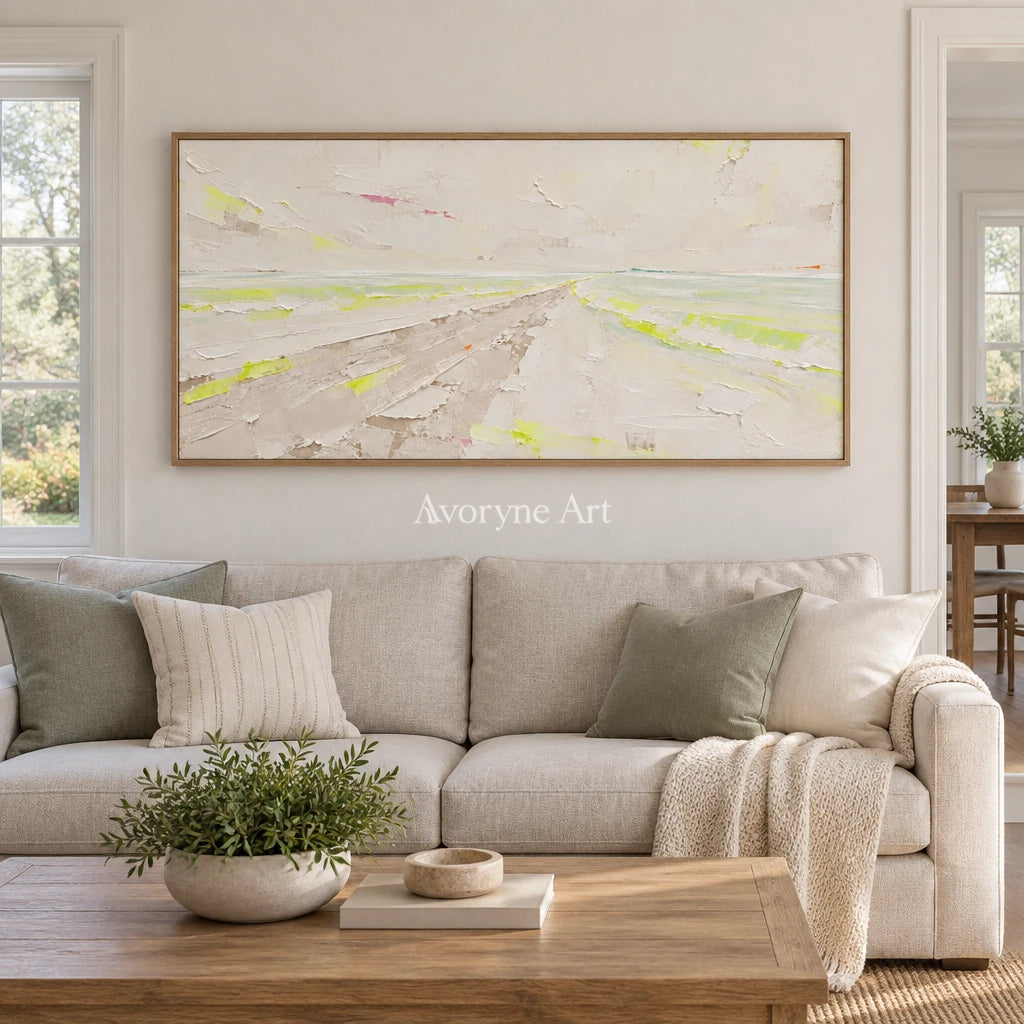 Tender Trace vivid landscape wall art with a wood frame in a villa living space