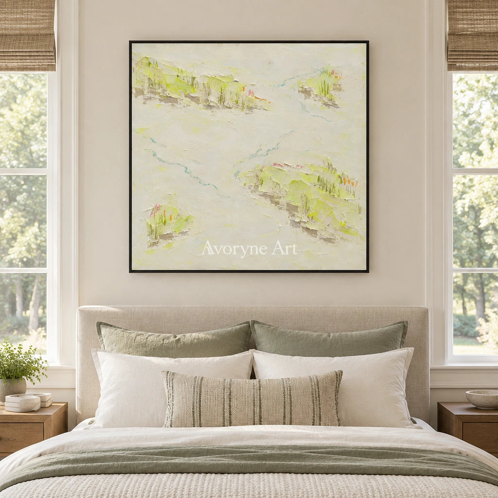 Tender Vista vivid landscape wall art with a black frame above a bed in a bedroom