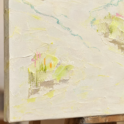 Close-up of the hand-painted texture of Tender Vista vivid landscape wall art on an easel