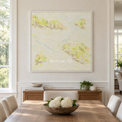 Tender Vista vivid landscape wall art with a white frame in a dining room
