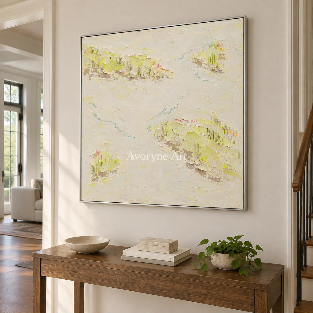 Tender Vista vivid landscape wall art with a silver frame in an entryway