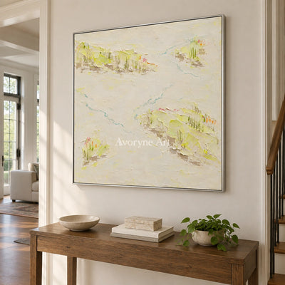 Tender Vista vivid landscape wall art with a silver frame in an entryway