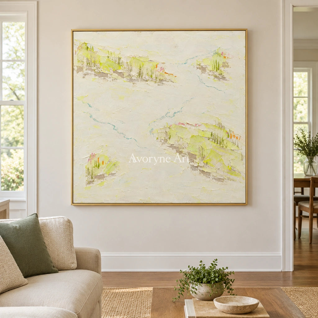 Tender Vista vivid landscape wall art with a gold frame hanging in a living room