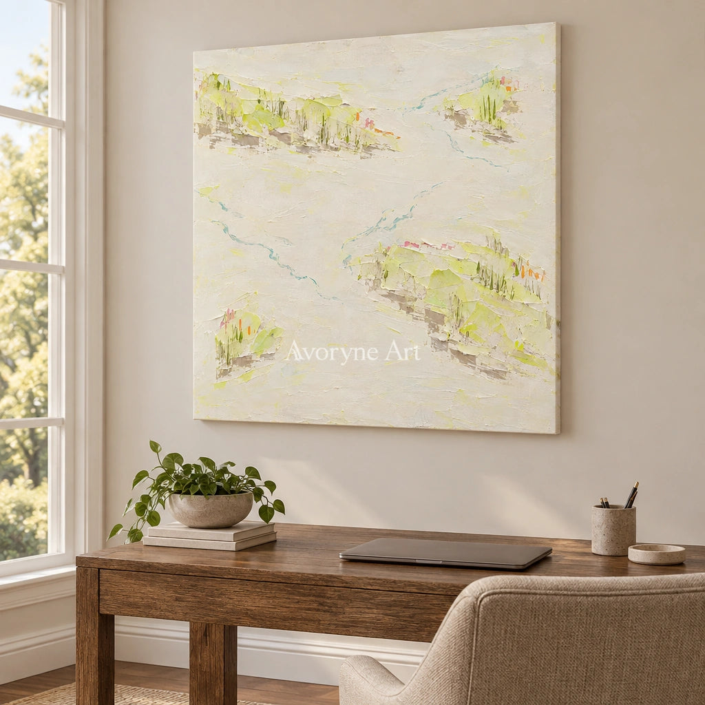 Tender Vista vivid landscape wall art as a frameless stretched canvas in a home office