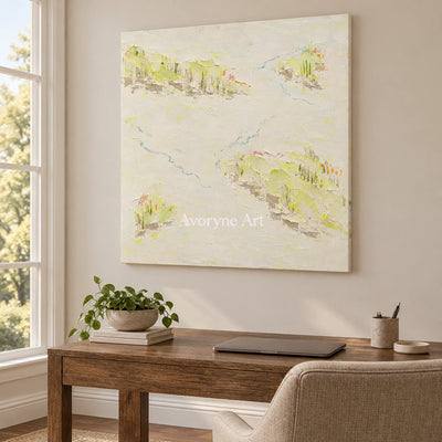 Tender Vista vivid landscape wall art as a frameless stretched canvas in a home office