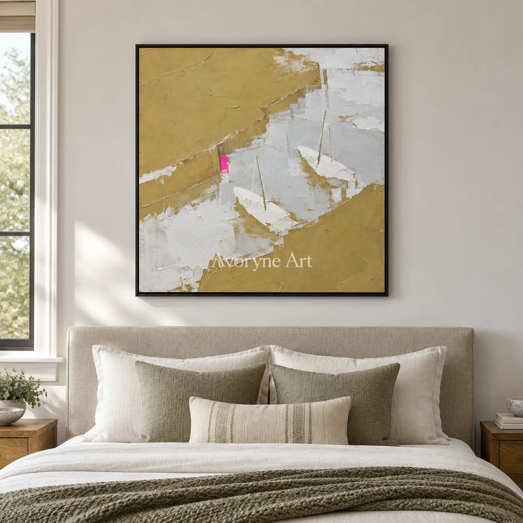 Tender Current vivid landscape wall art with a black frame above a bed in a bedroom