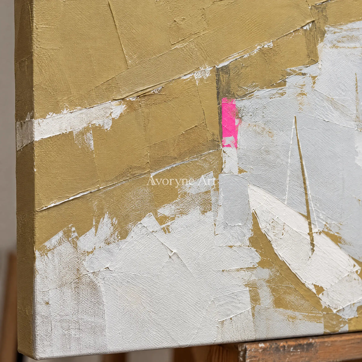 Close-up of the hand-painted texture of Tender Current vivid landscape wall art on an easel