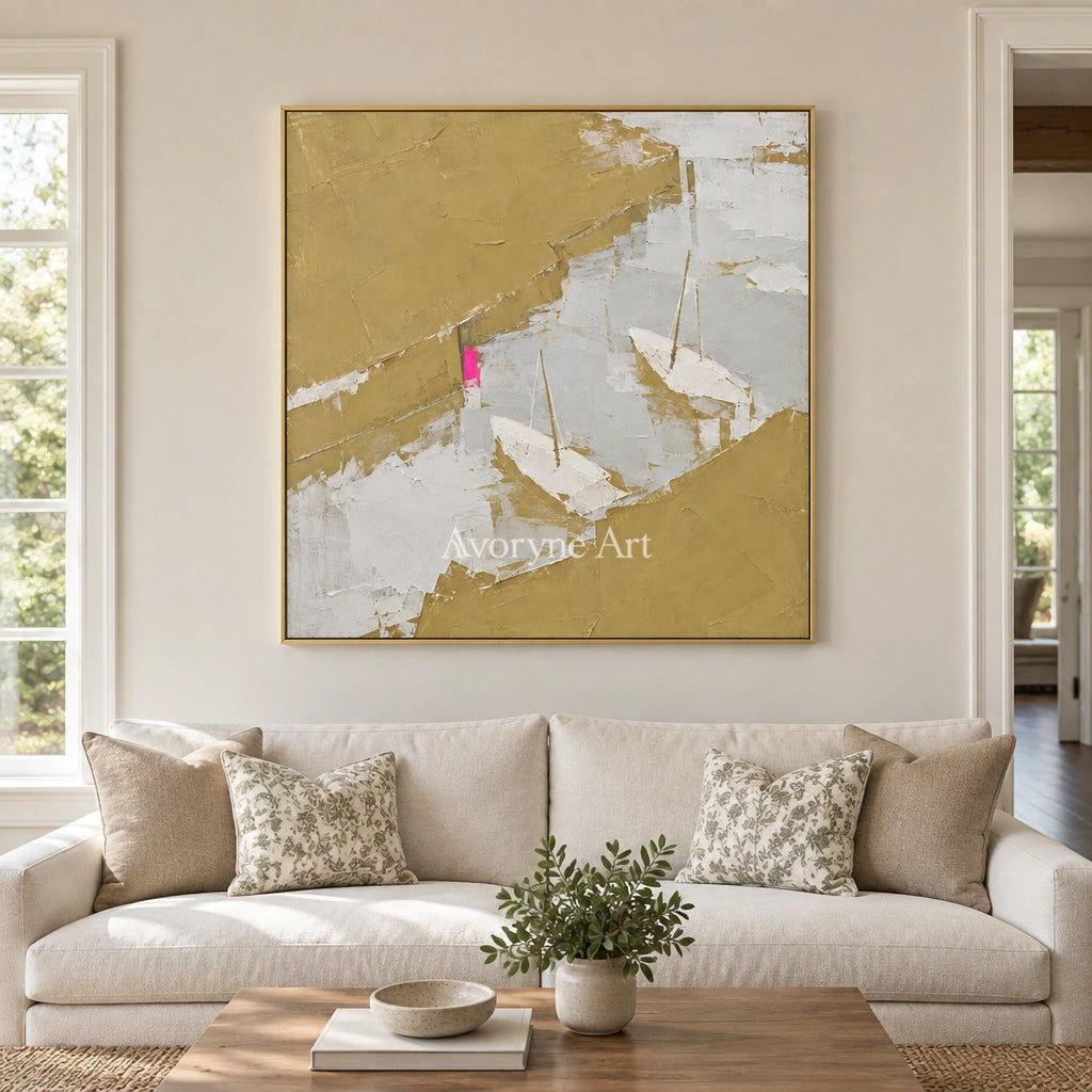 Tender Current vivid landscape wall art with a gold frame hanging in a living room