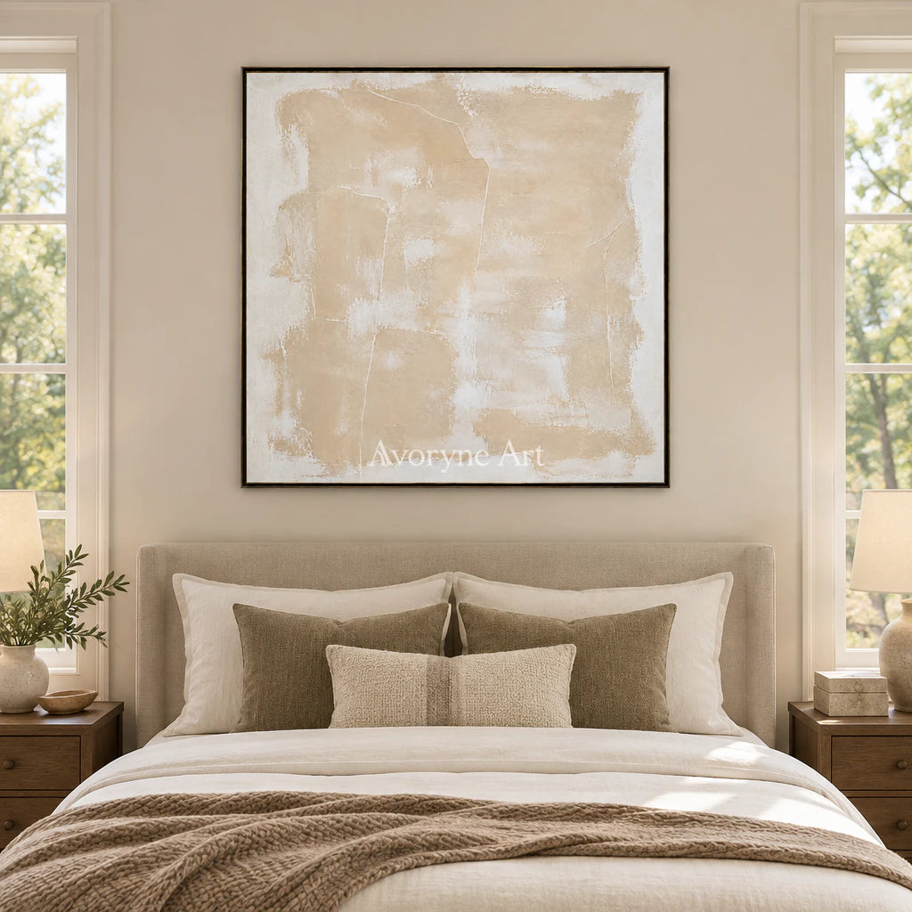 Sand Whisper: Wabi-Sabi Beige Abstract Wall Art — bedroom black