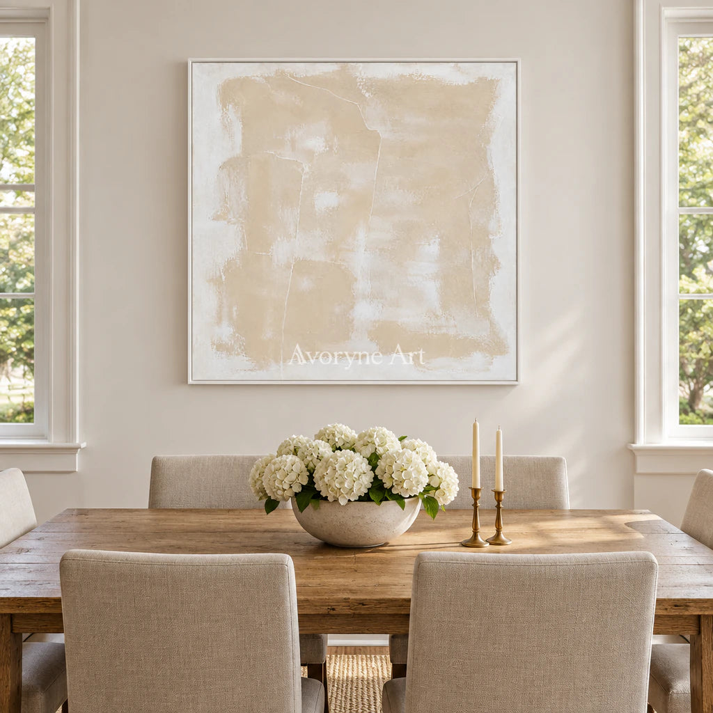Sand Whisper: Wabi-Sabi Beige Abstract Wall Art — dining white