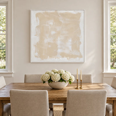 Sand Whisper: Wabi-Sabi Beige Abstract Wall Art — dining white