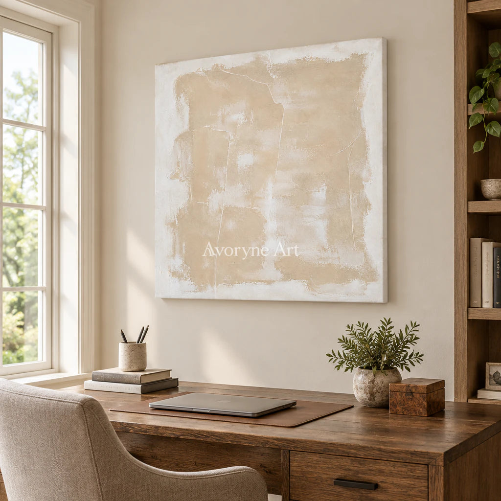 Sand Whisper: Wabi-Sabi Beige Abstract Wall Art — office frameless