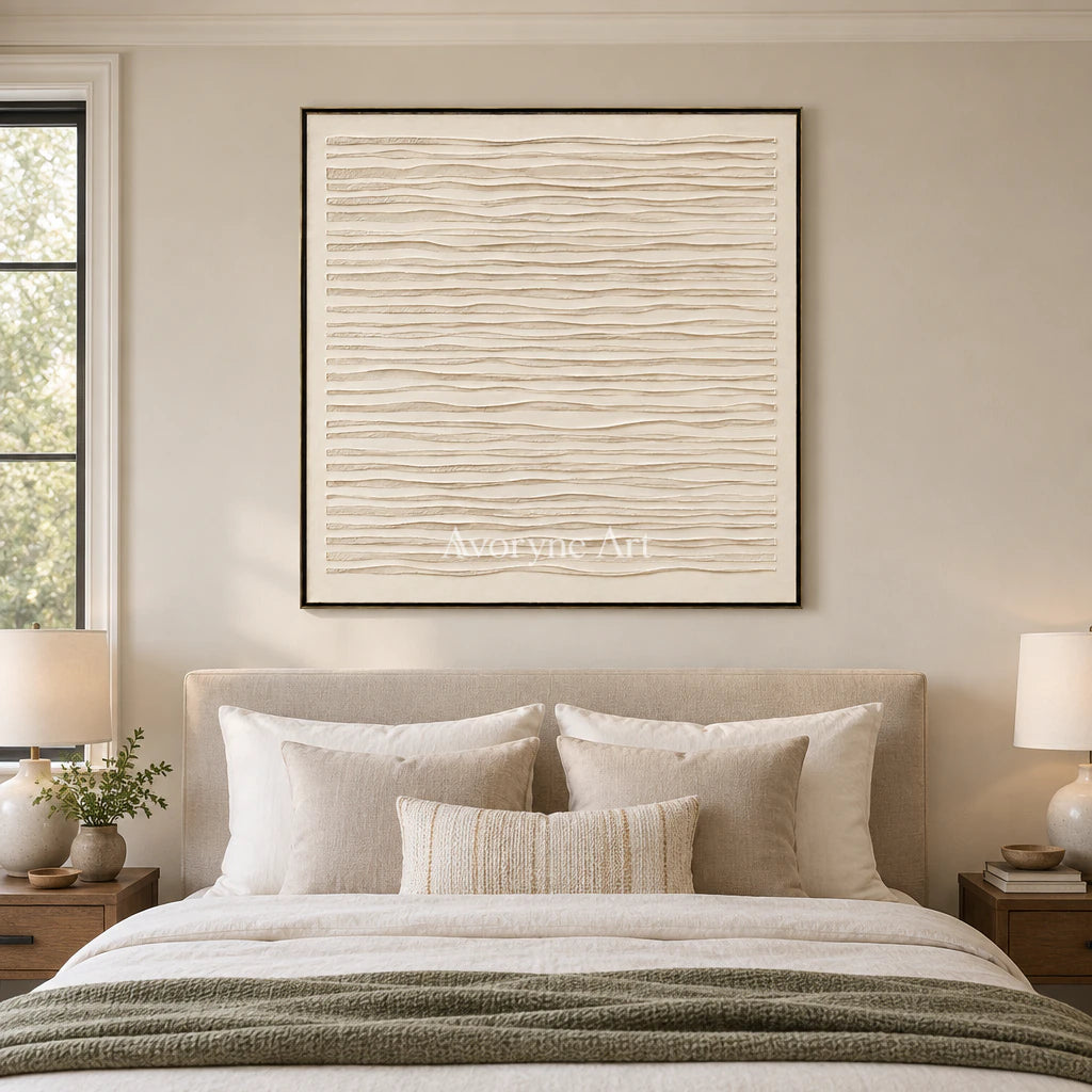 Linen Waves: Wabi-Sabi Beige Linear Relief Wall Art — bedroom black