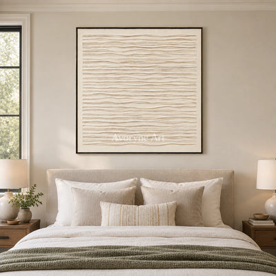 Linen Waves: Wabi-Sabi Beige Linear Relief Wall Art — bedroom black
