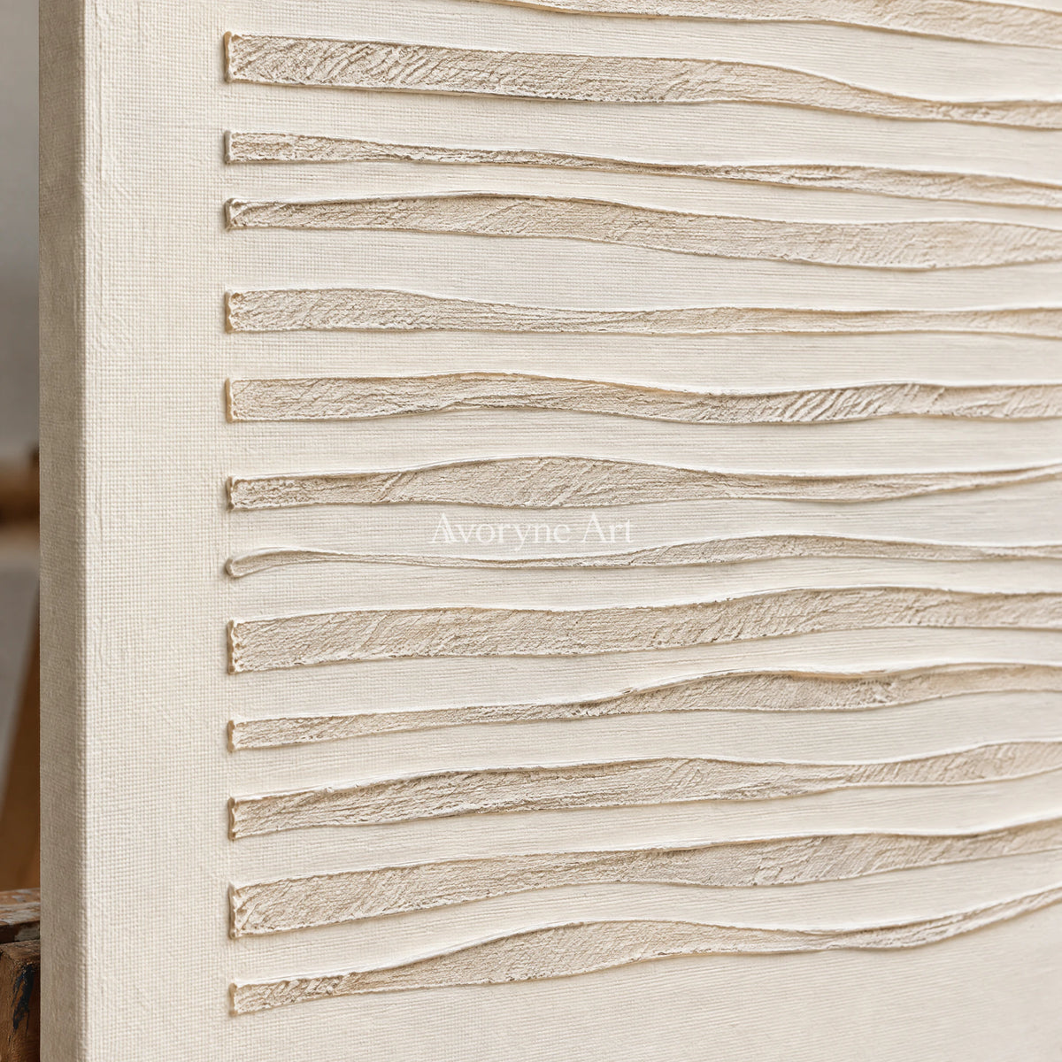 Linen Waves: Wabi-Sabi Beige Linear Relief Wall Art — detail easel