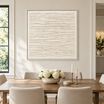 Linen Waves: Wabi-Sabi Beige Linear Relief Wall Art — dining white
