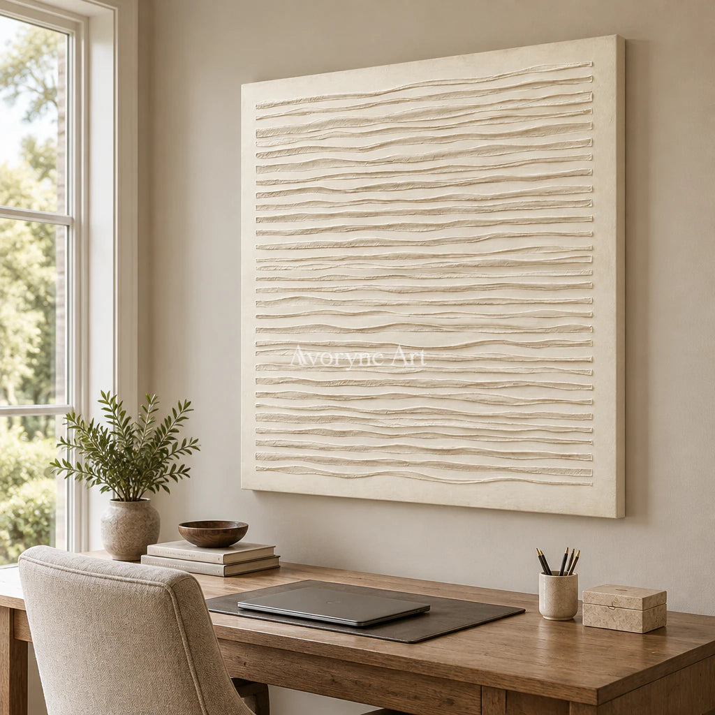 Linen Waves: Wabi-Sabi Beige Linear Relief Wall Art — office frameless