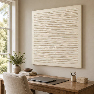 Linen Waves: Wabi-Sabi Beige Linear Relief Wall Art — office frameless