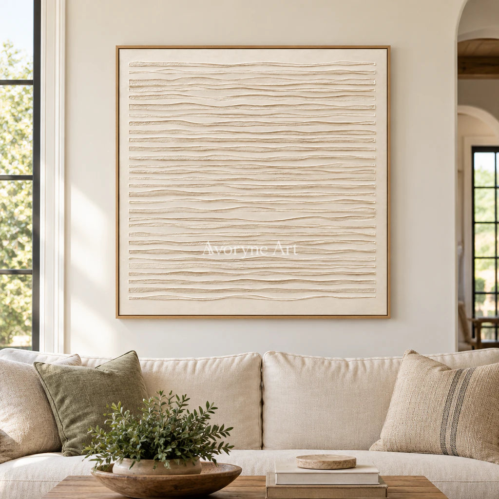 Linen Waves: Wabi-Sabi Beige Linear Relief Wall Art — villa wood